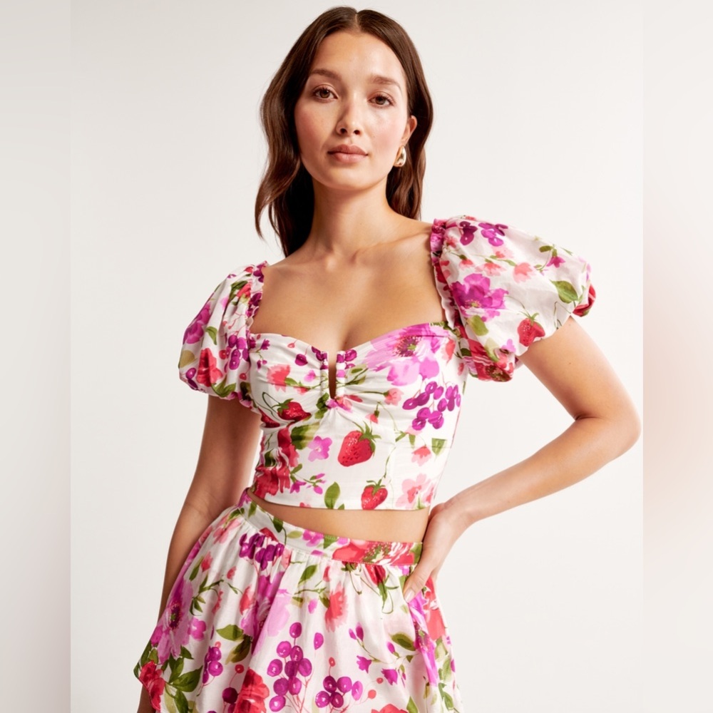 Abercrombie Pink Floral Crop Top and Ruffled Tiered Maxi Skirt Set - Picture 2 of 5